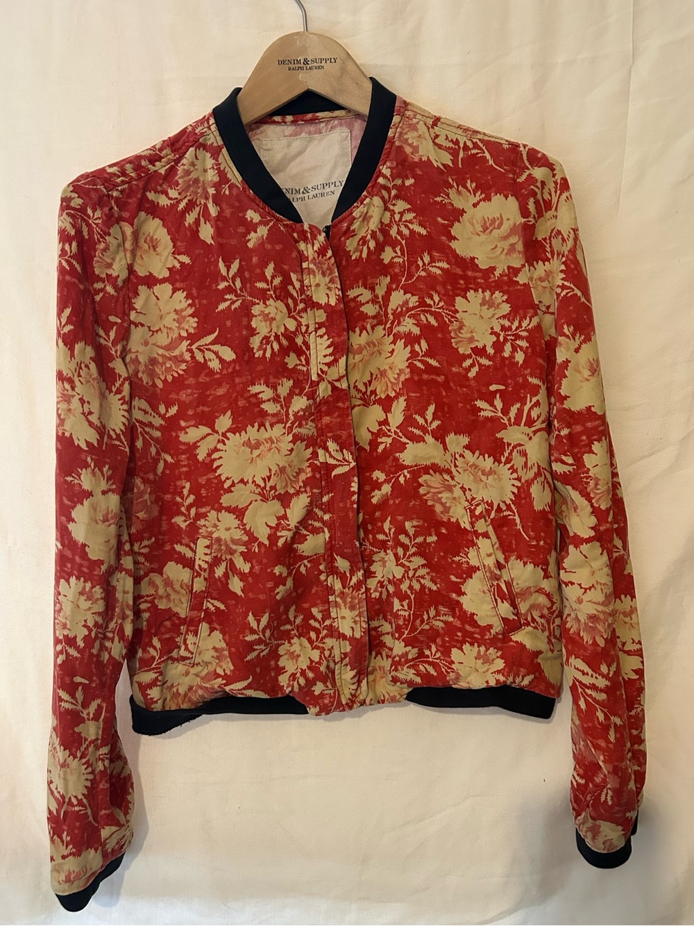 Ralph Lauren Red and Cream Crepe Floral Bomber Jacket with Black Trim